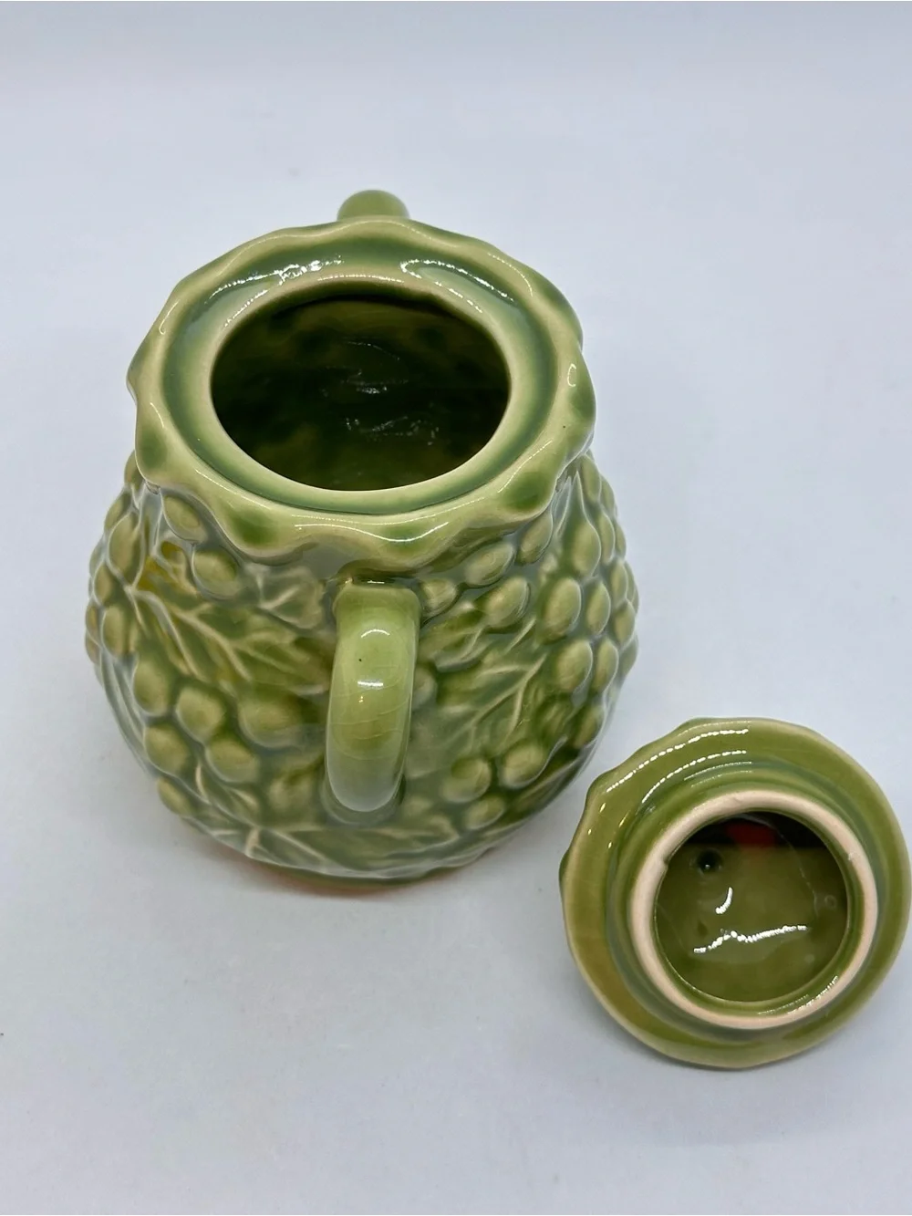 Vintage Green Grape Vine Ceramic Sugar Bowl with Lid and Creamer Set*Has Crazing